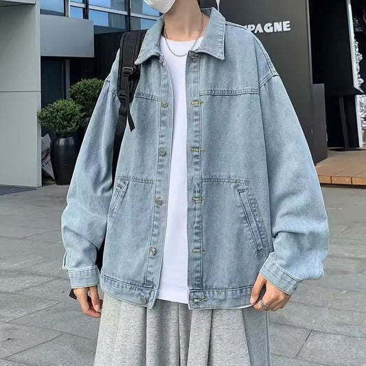 Spring Men's Single-breasted Blue Denim Jacket Solid Color Retro Loose Outerwear Korean Fashion Jeans Jackets Y2K Streetwear