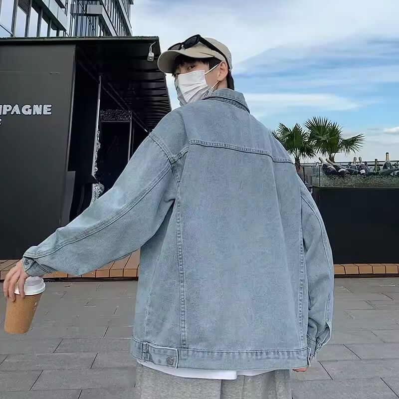 Spring Men's Single-breasted Blue Denim Jacket Solid Color Retro Loose Outerwear Korean Fashion Jeans Jackets Y2K Streetwear