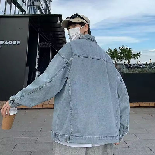Spring Men's Single-breasted Blue Denim Jacket Solid Color Retro Loose Outerwear Korean Fashion Jeans Jackets Y2K Streetwear