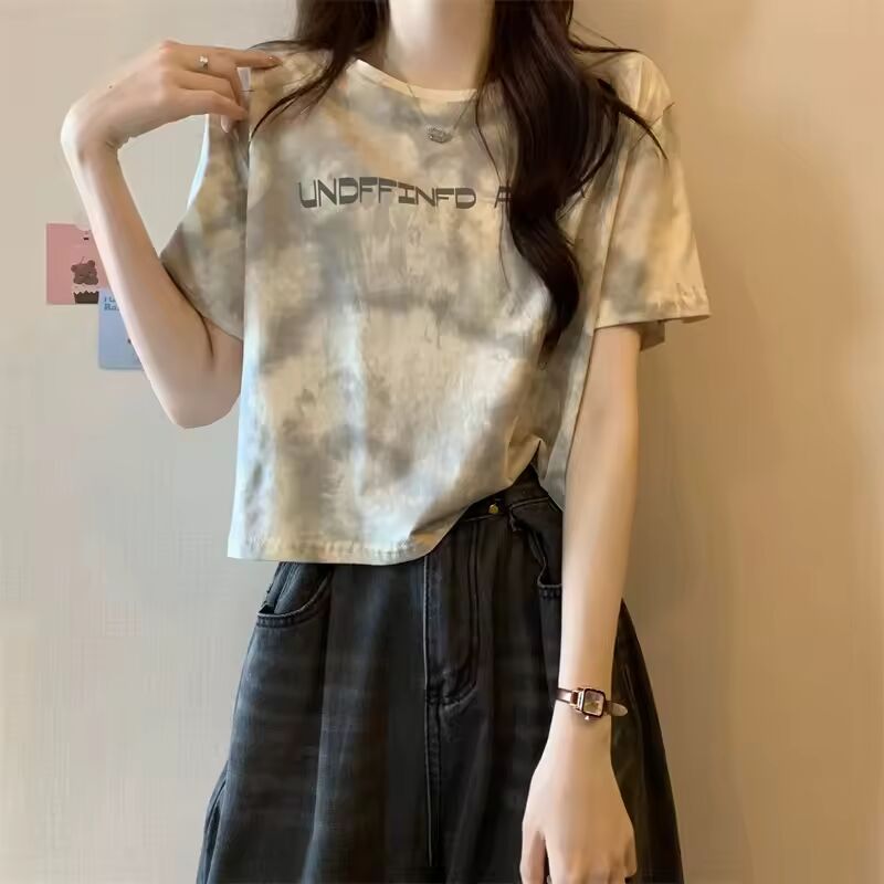 Y2k Summer Corset Tie-Dyed T-shirt Women O-neck Retro Short-Sleeved Crop Top Letter Print Loose Kpop Tees Tshirt Woman Clothing