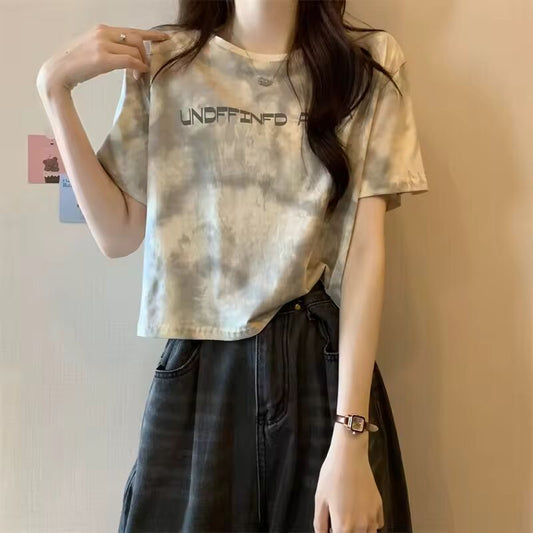 Y2k Summer Corset Tie-Dyed T-shirt Women O-neck Retro Short-Sleeved Crop Top Letter Print Loose Kpop Tees Tshirt Woman Clothing