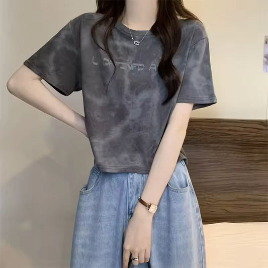Y2k Summer Corset Tie-Dyed T-shirt Women O-neck Retro Short-Sleeved Crop Top Letter Print Loose Kpop Tees Tshirt Woman Clothing